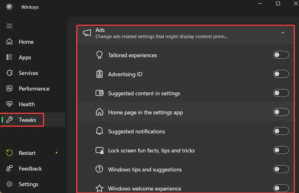 Les publicités basculent sous les ajustements dans Wintoys