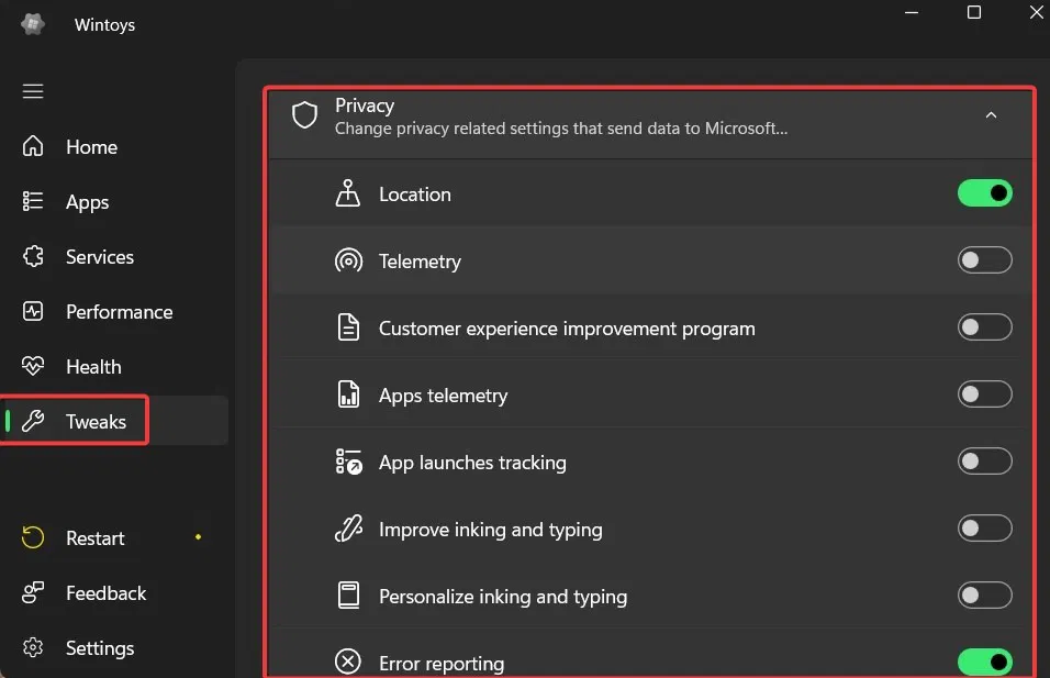 La confidentialité bascule sous les ajustements dans Wintoys