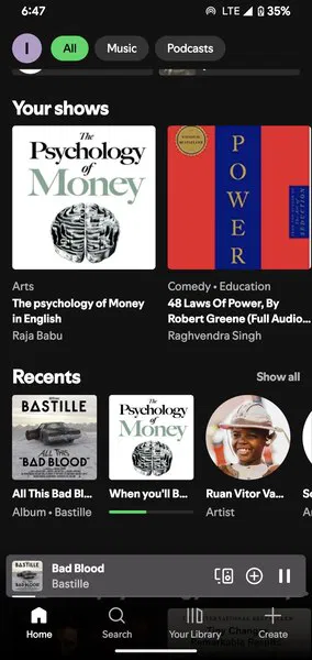 Menu Spotify Musique Livre audio Podcasts