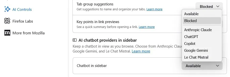 Bloquer les chatbots IA dans Firefox.