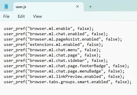 Exemple de fichier user.js pour désactiver FIrefox AI.