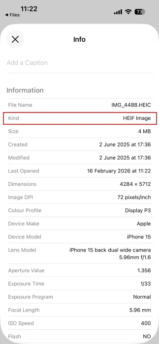 Vérification de l'affichage du format d'aperçu Heic Iphone