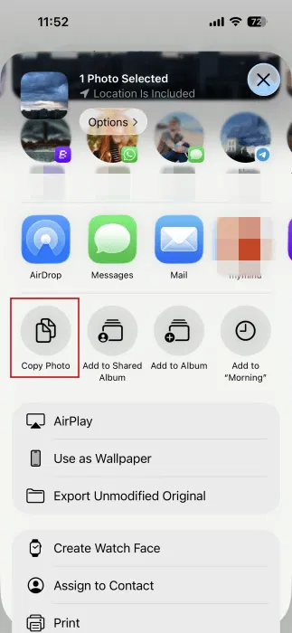 Vérification de la copie d'une photo Heic sur iPhone