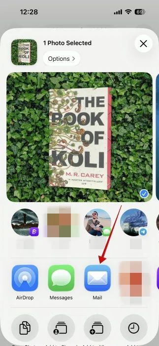 Partage d'une image HEIC vers l'application Mail pour la conversion sur iPhone.
