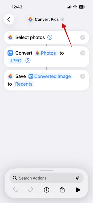 Renommer le nouveau raccourci dans l'application Raccourcis sur iPhone.