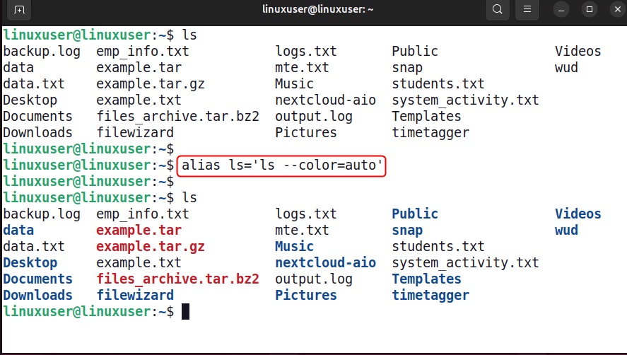 Alias ​​Activer la couleur automatique Ls