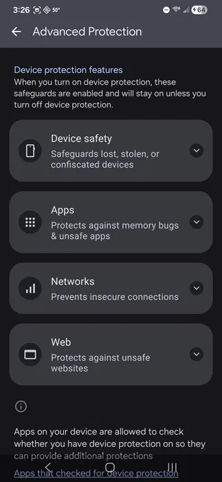 Affichage des fonctionnalités de protection des appareils incluses dans la Protection Avancée.