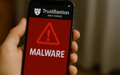 Android phone with TrustBastion antivirus and malware warning.