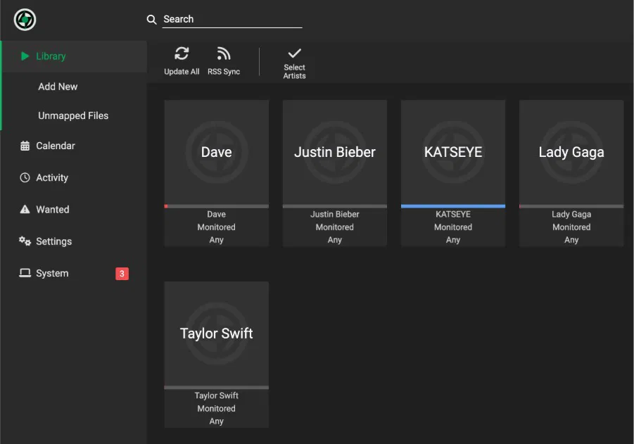 Options de la page d'accueil de Lidarr