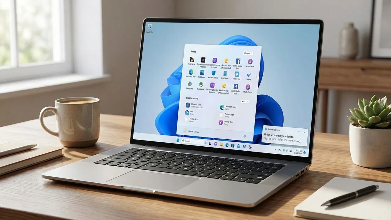 A laptop on a table with Windows 11 Start menu filled with extra apps