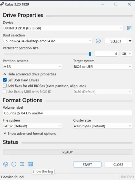 Création d'une clé USB bootable dans Rufus pour passer de Windows à Linux.