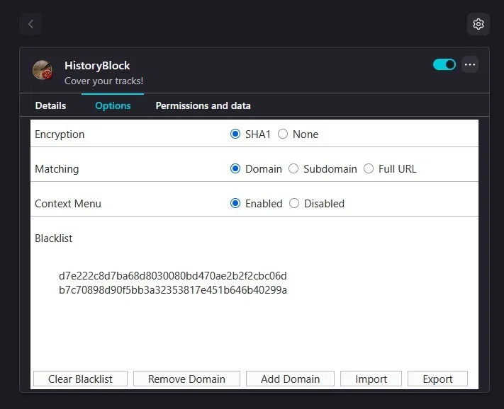 Ajout de sites à bloquer dans HistoryBlock dans Firefox.