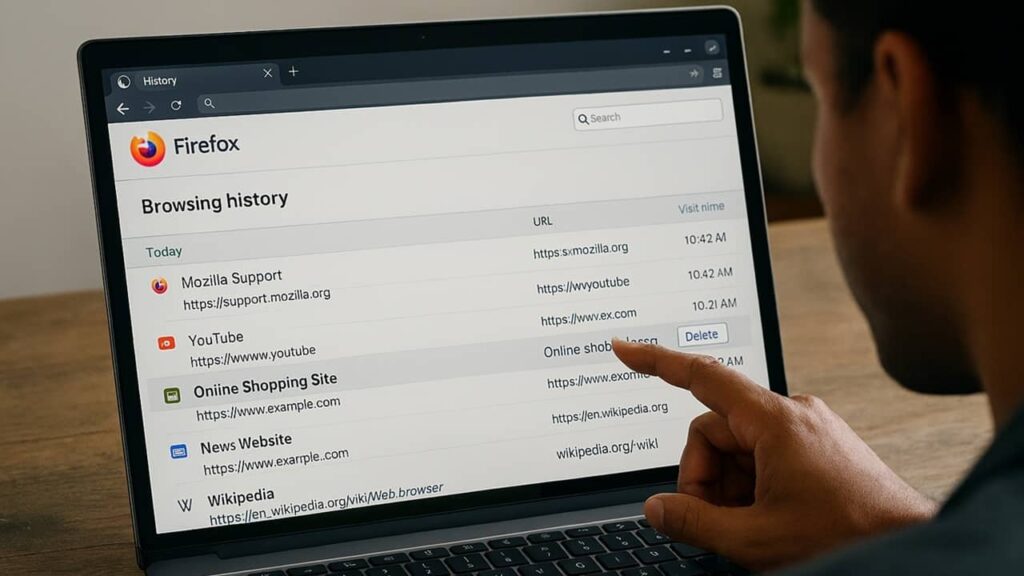 Person deleting a specific site from their Firefox browsing history.