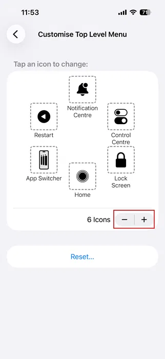 Personnalisation du menu de niveau supérieur des raccourcis tactiles dans les paramètres d'accessibilité sur iPhone.