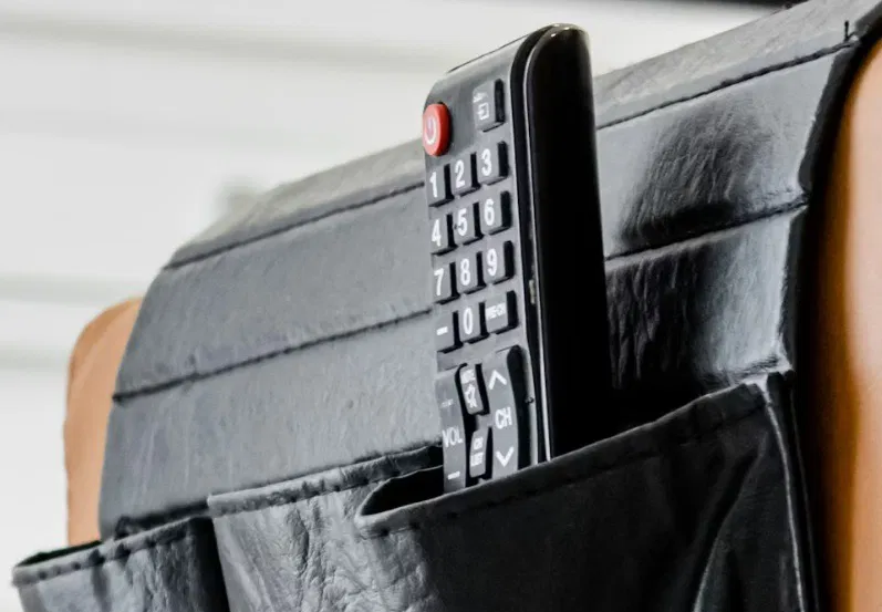 Télécommande TV sur le bras du canapé.