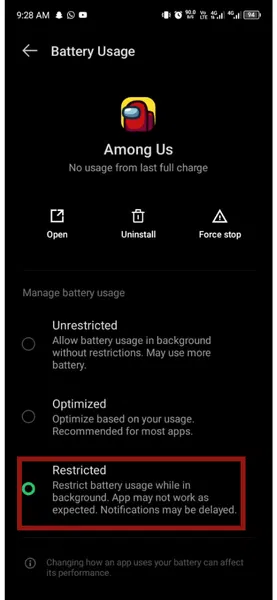 Liste des applications Android Batterie restreinte