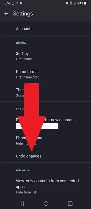 Annulation des modifications sur l'application Google Contacts.