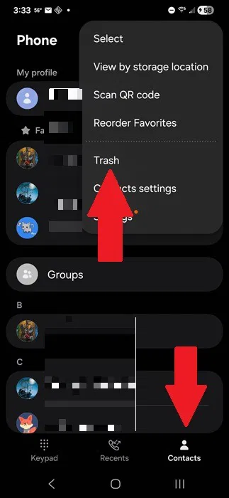 Accès au dossier Corbeille dans l'application Samsung Phone.