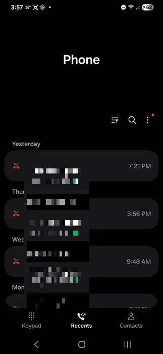 Affichage de l'historique des appels sur Android.