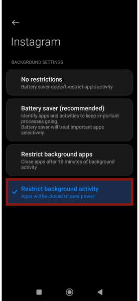 Informations sur l'application Android Instagram Restreindre la batterie