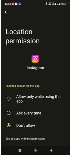 Autorisations de l'application Android Instagram Autorisation de localisation