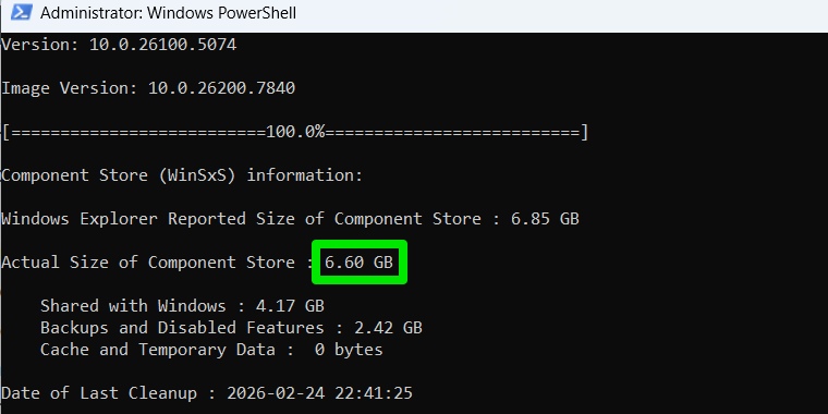 Taille du dossier WinSxS après le nettoyage