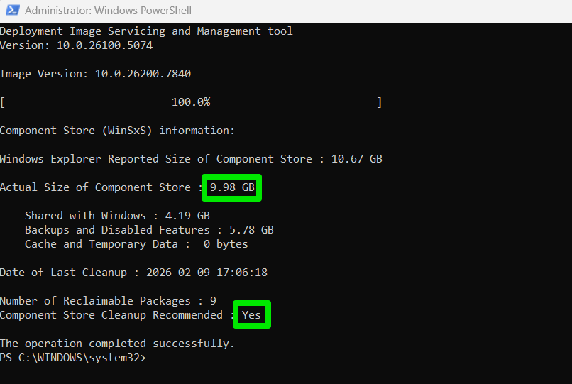Taille actuelle du dossier WinSxS dans PowerShell
