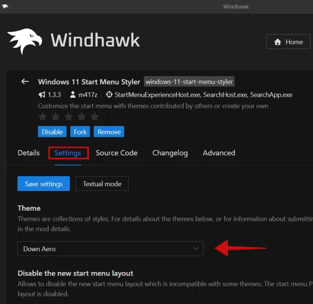 Changement de thème pour le menu Démarrer dans Windhawk sous Windows.