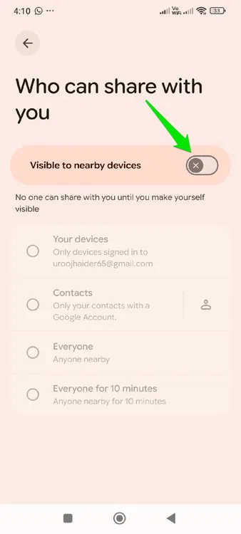 Désactivation de la visibilité dans Quick Share