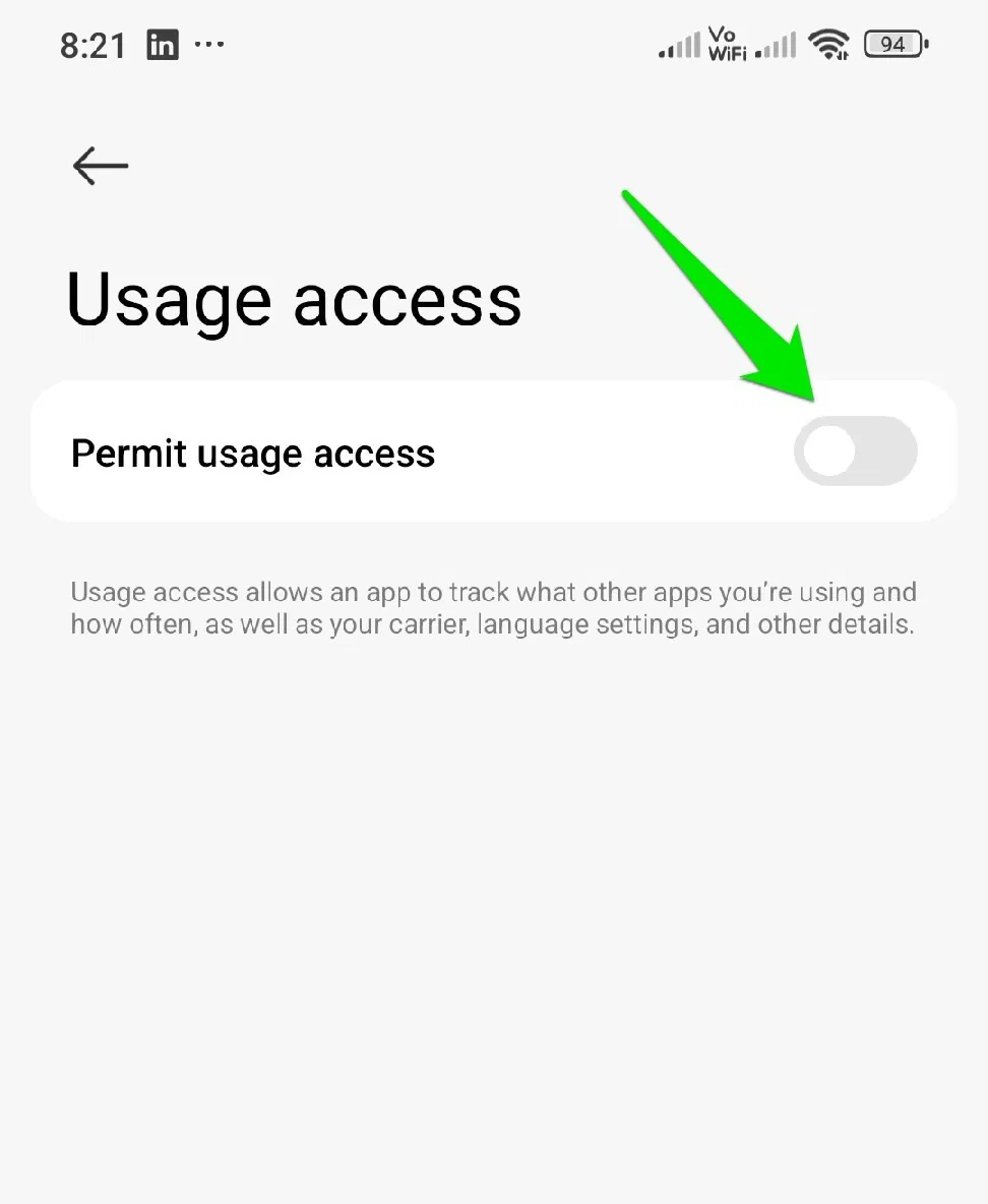 Menu d'accès à l'utilisation sous Android