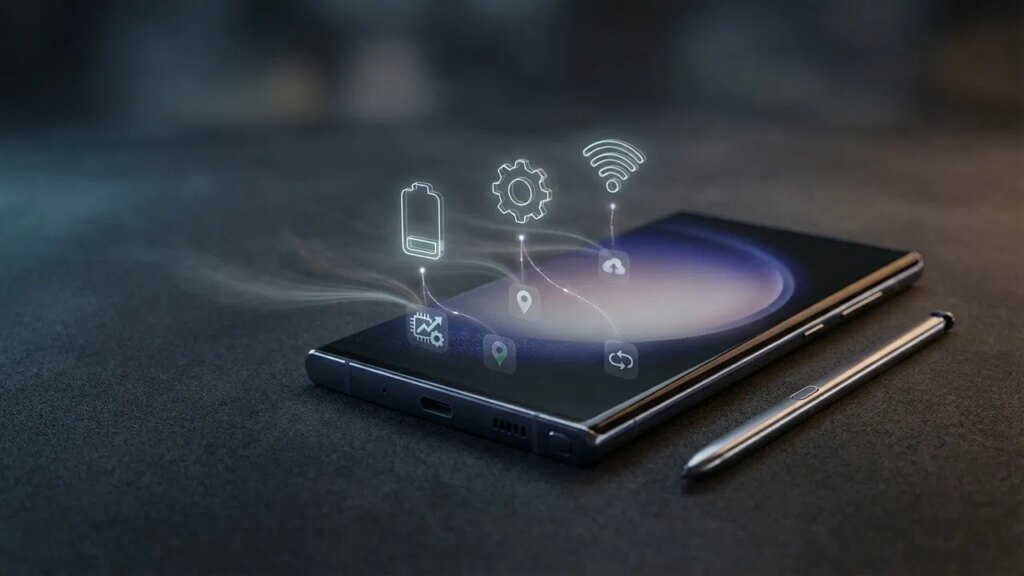 Phone on surface with holograms representing common phone tasks