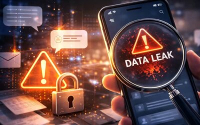 Phone with an AI chatbot and a data leak warning with the background showing types of leaked chatbot data.