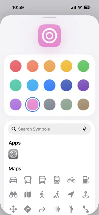 Sélection de l'icône du raccourci dans l'application Raccourci sur iPhone.