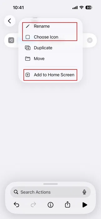 Affichage du menu contextuel dans l'application Raccourcis sur iPhone. 