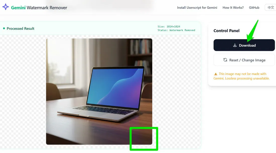Outil Gemini Watermark Remover affichant l’image d’un ordinateur portable
