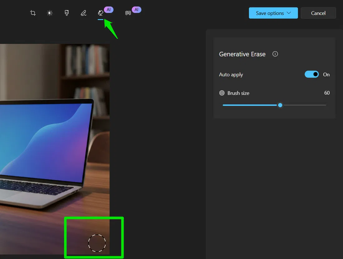 Gomme générative dans l'application Photos nettoyant une image