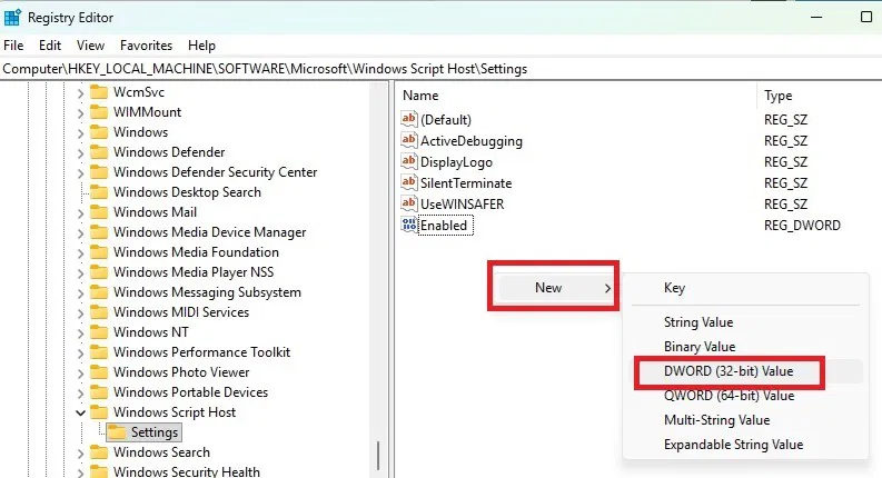 Création d'une nouvelle valeur DWORD dans Windows Script Host.