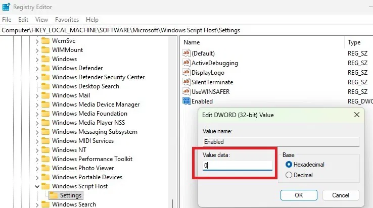 Définissez la valeur sur zéro dans le registre.