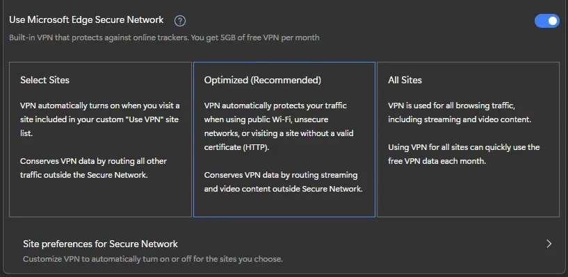 Modification des paramètres du VPN Microsoft Edge Secure Network.