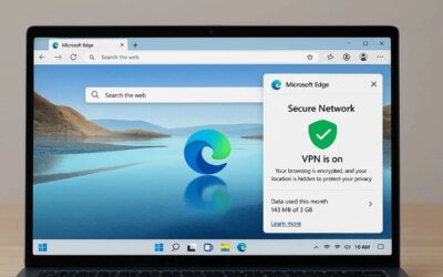 Microsoft Edge VPN active in Edge browser on a Windows laptop.
