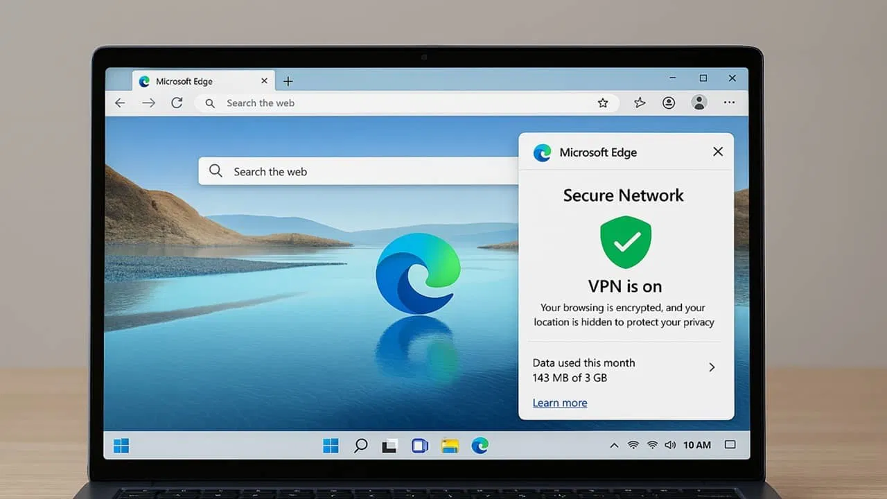Microsoft Edge VPN active in Edge browser on a Windows laptop.