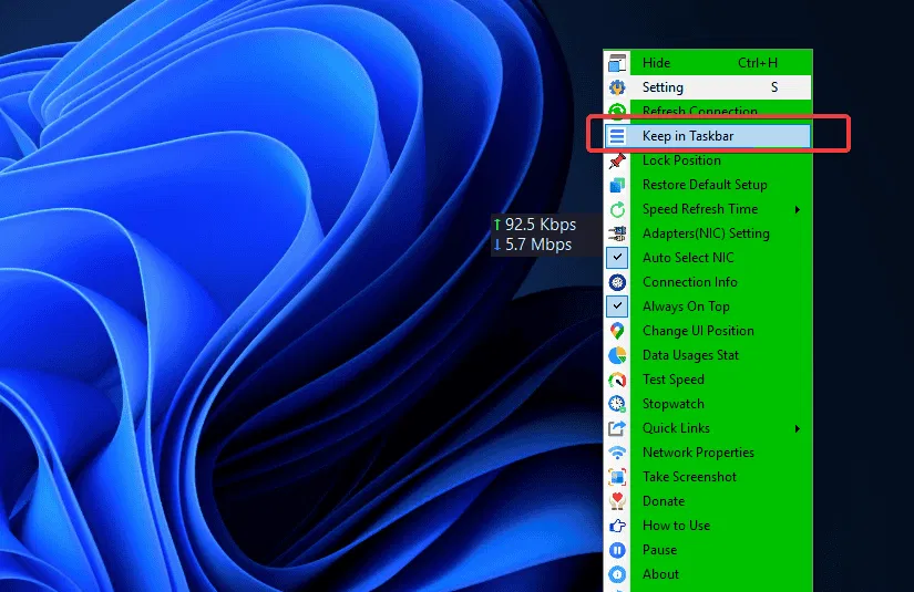 Conserver le compteur de vitesse nette dans la barre des tâches