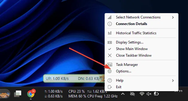 Options Paramètres Moniteur de trafic