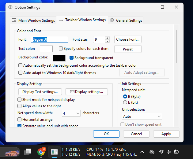 Personnaliser l'affichage de la barre des tâches dans les paramètres d'options Trafficmonitor