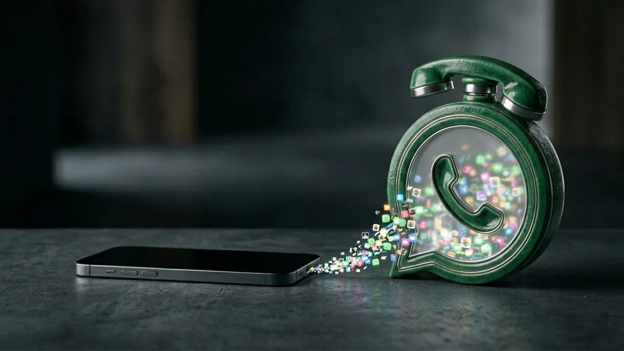 phone with a WhatsApp icon with content flowing from icon into the phone