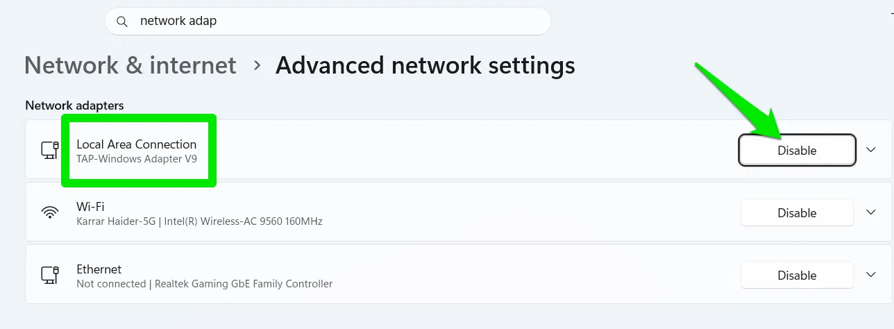 Désactivation de l'adaptateur réseau sous Windows