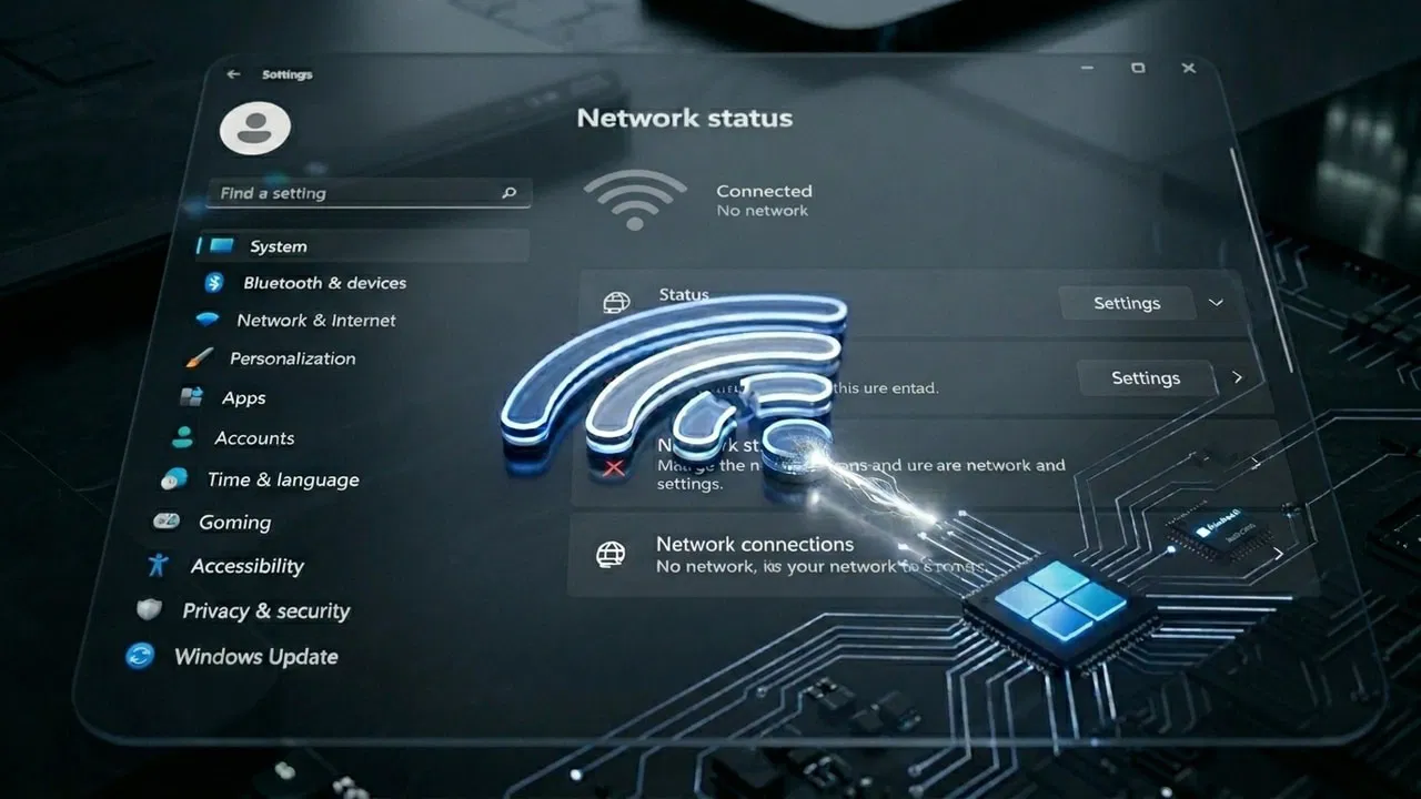 Windows 11 network settings as background with broken Wi-Fi icon in front