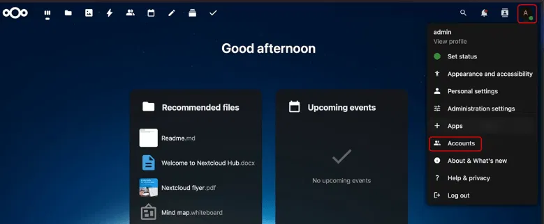 Accéder aux paramètres du compte Nextcloud