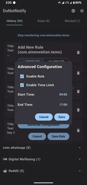 Limites de temps pour les configurations avancées