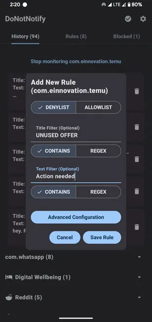 Créer une règle Ne pas notifier